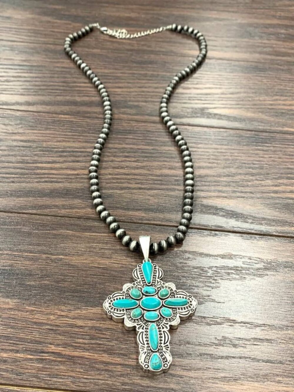 Natural Turquoise Cross Pendant Necklace Western Silver Tone Cowgirl Statement